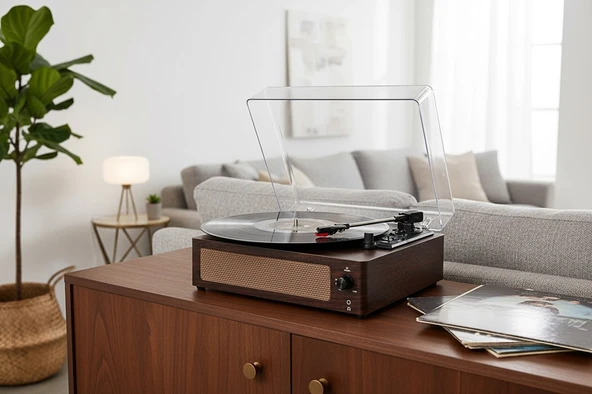 fomix FM-108 koyu kahverengi  Hoparlörlü Bluetoothlu Pikap Plak Çalar - Resim 2