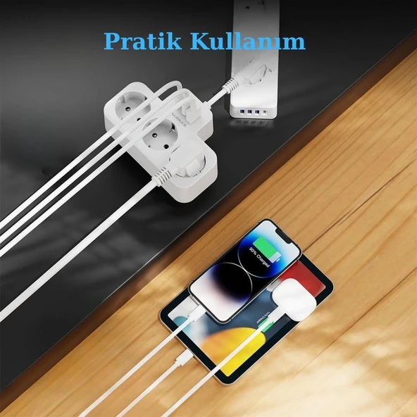 BEYAZ Akıllı Priz Termal Korumalı 3 Prizli Çoklu Akım Prizi | 2 USB-A + 1 USB - KORUMALI PRİZ - 4