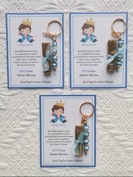 100 Adet Kişiye Özel Nazar Ayeti Sünnet Hatırası Mavi Anahtarlık ve Kına Dağıtmalık Hediyelik - Resim 3