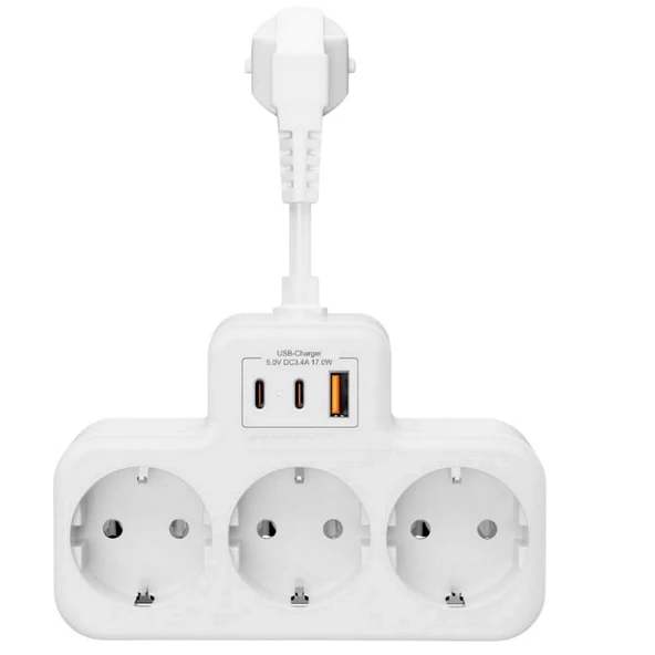BEYAZ Akıllı Priz Termal Korumalı 3 Prizli Çoklu Akım Prizi | 2 USB-A + 1 USB -  KORUMALI PRİZ - 6