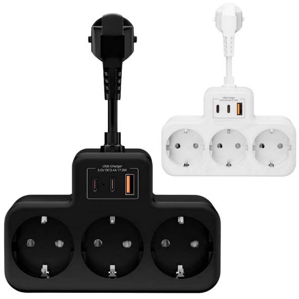 BEYAZ Akıllı Priz Termal Korumalı 3 Prizli Çoklu Akım Prizi | 2 USB-A + 1 USB - KORUMALI PRİZ - 7