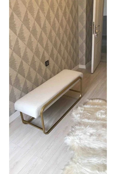 Neva Serisi Yatak Ucu Oturma Bankı Makyaj Oturağı Metal Ayaklı Krem Puf Bench Montajsız Oturak - 4