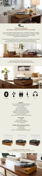 Fomix FM-108 açık kahverengi  Hoparlörlü Bluetoothlu Pikap Plak Çalar - Resim 3