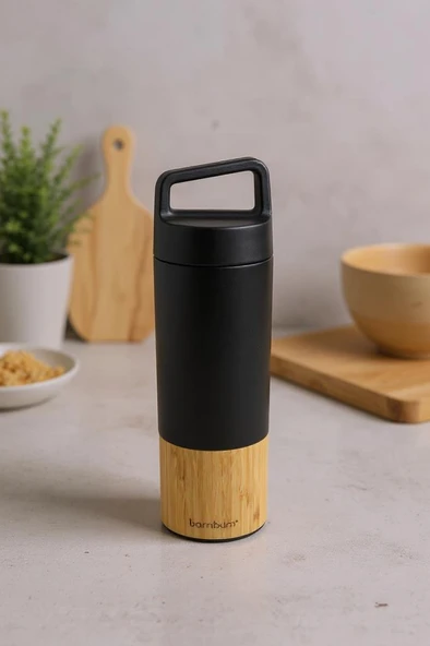 Bambum Janna - Bambu Desenli El Termosu Siyah 600ml