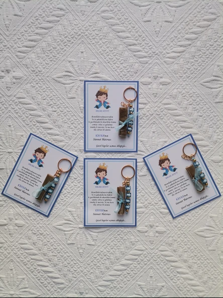 64 Adet Kişiye Özel Nazar Ayeti Sünnet Hatırası Mavi Anahtarlık ve Kına Dağıtmalık Hediyelik - Resim 5