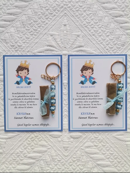 64 Adet Kişiye Özel Nazar Ayeti Sünnet Hatırası Mavi Anahtarlık ve Kına Dağıtmalık Hediyelik - Resim 2