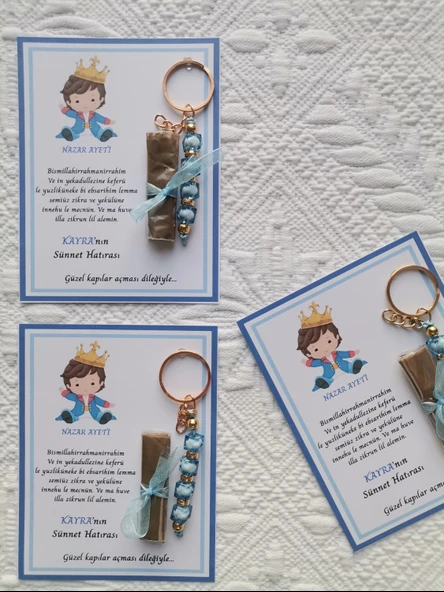 32 Adet Kişiye Özel Nazar Ayeti Sünnet Hatırası Mavi Anahtarlık ve Kına Dağıtmalık Hediyelik - Resim 7