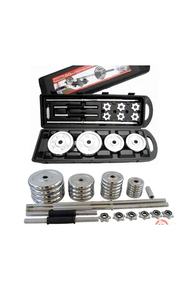 Profesyonel 50 Kg Krom Dambıl Seti – Döküm Plakalı Bar Seti - 3