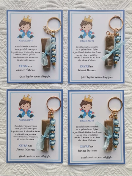 100 Adet Kişiye Özel Nazar Ayeti Sünnet Hatırası Mavi Anahtarlık ve Kına Dağıtmalık Hediyelik - Resim 4