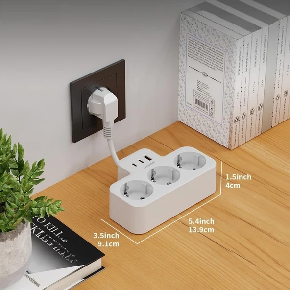 BEYAZ Akıllı Priz Termal Korumalı 3 Prizli Çoklu Akım Prizi | 2 USB-A + 1 USB -  KORUMALI PRİZ - 3