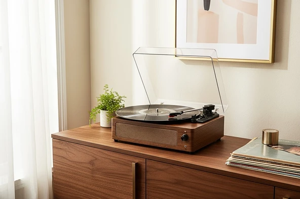 Fomix FM-108 açık kahverengi  Hoparlörlü Bluetoothlu Pikap Plak Çalar - Resim 2