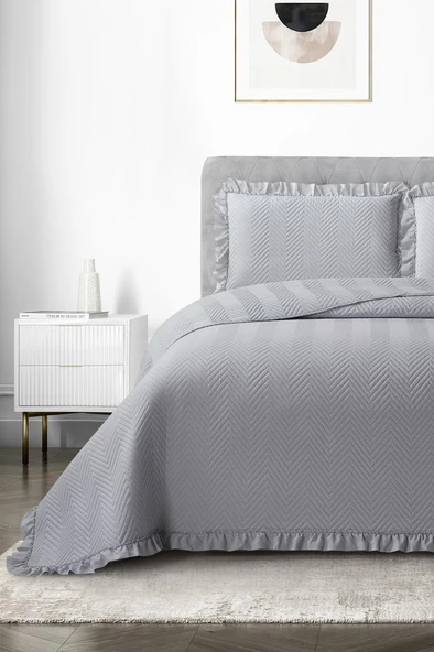 Dubai Elyaf Dolgulu Çift Kişilik 240x260 Cm Yatak Örtüsü Gri ürün görseli