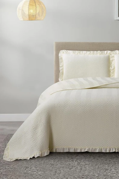 Dubai Elyaf Dolgulu Çift Kişilik 240x260 Cm Yatak Örtüsü Krem ürün görseli