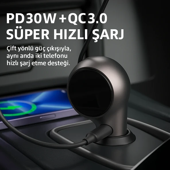 2 si 1 Arada Geri Çekilebilir Kablolu Araç Hızlı Şarj Cihazı  60W - 4