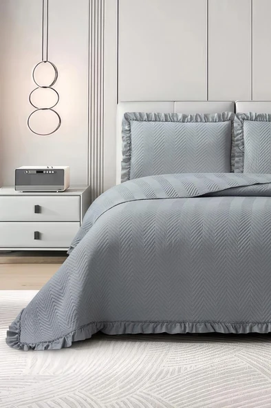 Dubai Elyaf Dolgulu Çift Kişilik 240x260 Cm Yatak Örtüsü Koyu Gri ürün görseli