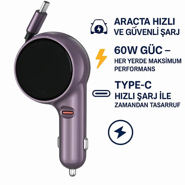 2 si 1 Arada Geri Çekilebilir Kablolu Araç Hızlı Şarj Cihazı  60W - 2