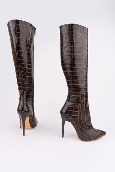 Muggo ZEST Kroko Desenli Sivri Burun Fermuarlı İnce Topuklu Kadın Çizme - 2