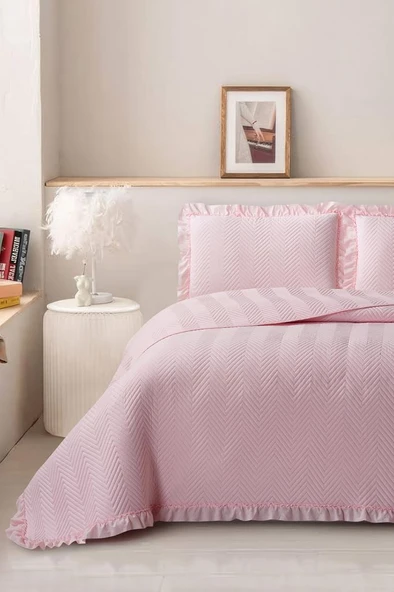 Dubai Elyaf Dolgulu Çift Kişilik 240x260 Cm Yatak Örtüsü Pudra ürün görseli