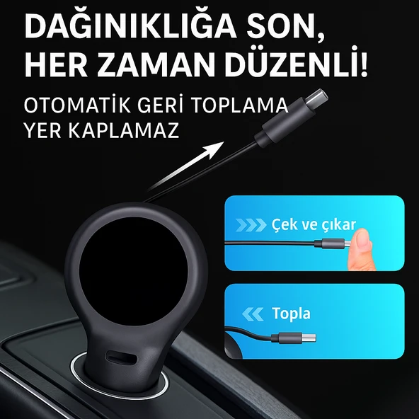 2 si 1 Arada Geri Çekilebilir Kablolu Araç Hızlı Şarj Cihazı  60W - 6