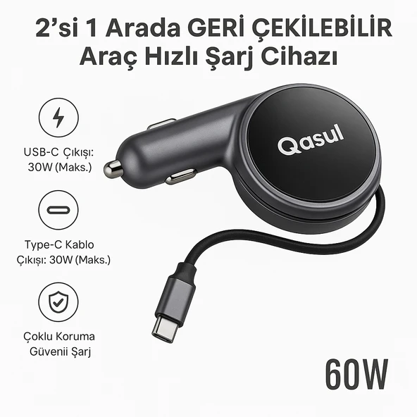 2 si 1 Arada Geri Çekilebilir Kablolu Araç Hızlı Şarj Cihazı  60W