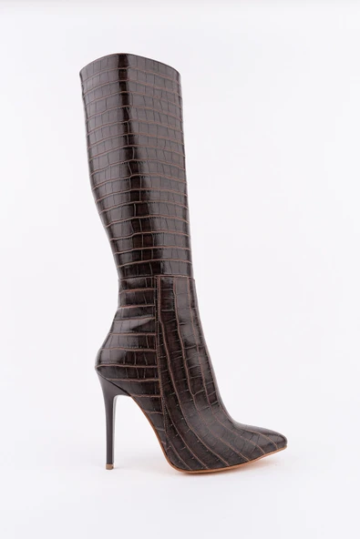 Muggo ZEST Kroko Desenli Sivri Burun Fermuarlı İnce Topuklu Kadın Çizme - 3