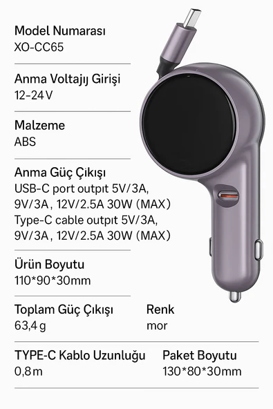 2 si 1 Arada Geri Çekilebilir Kablolu Araç Hızlı Şarj Cihazı  60W - 5