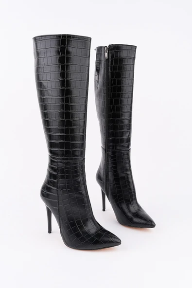 Muggo ZEST Kroko Desenli Sivri Burun Fermuarlı İnce Topuklu Kadın Çizme - 9