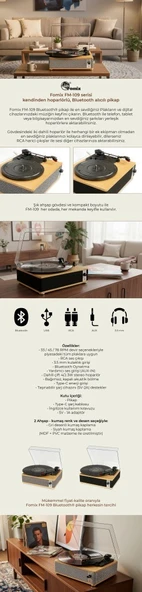 Fomix FM-109 Gri Hoparlörlü Bluetoothlu Pikap Plak Çalar - 3