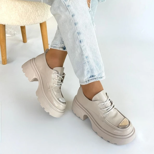 Pabucmarketi Bej Rugan Kadın Topuklu Ayakkabı - Resim 4