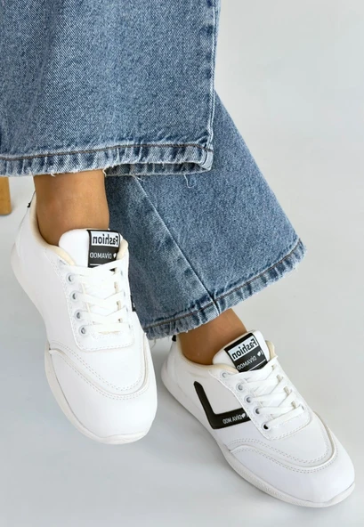 Pabucmarketi Beyaz Siyah Detaylı Bağcıklı Kadın Spor Ayakkabı - 3