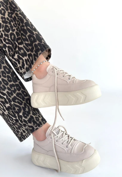 Pabucmarketi Bej Bağcıklı Kadın Spor Ayakkabı - Resim 2