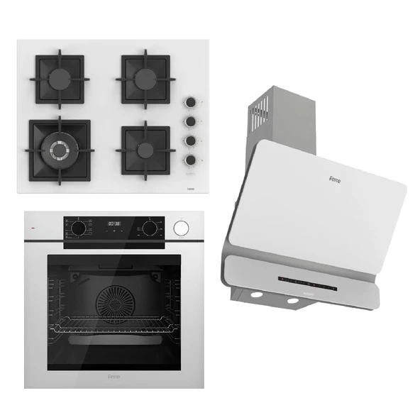 Ferre STEAMART-FRYART-SILENTART Serisi Beyaz Set (SC406-WFA + QEP64CB +D081-SA ) - Döküm Izgara / 65 cm Ocak