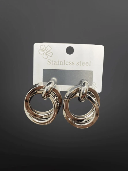 Gümüş Renk 316L Çelik Halka Küpe – Modern Zincir Görünümlü Çift Halka Tasarım ürün görseli 1