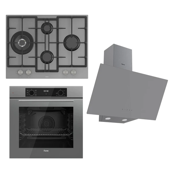 Ferre FLOWART Serisi Gri Set (ED078 + QBL63CPR +D079 ) - Döküm Izgara / 67 cm Ocak