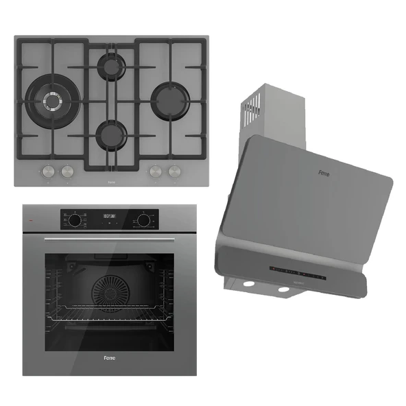 Ferre FLOWART-SILENTART Serisi Gri Set (ED078 + QBL63CPR +D082-SA ) - Döküm Izgara / 67 cm Ocak