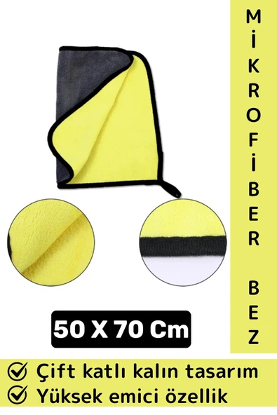 Araç İç Dış Temizleme Yüksek Emici Çift Katlı Kalın Yünlü Mikrofiber Araba Temizlik Bezi 50x70 Cm ürün görseli