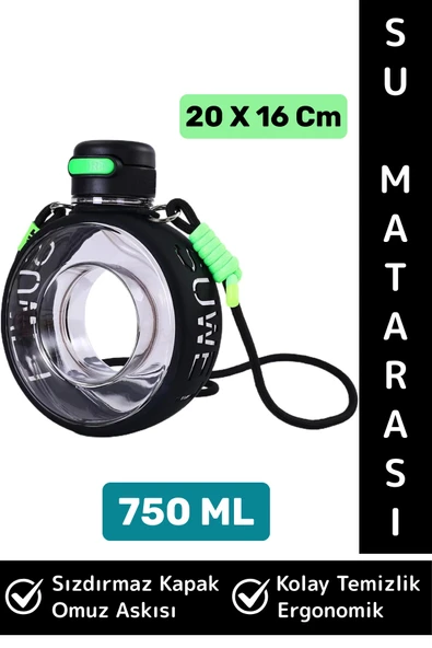 Premium Ergonomik Sızdırmaz Kapak Omuz Askılı Spor Okul Ofis Çok Şık Estetik Su Matarası 750 ML