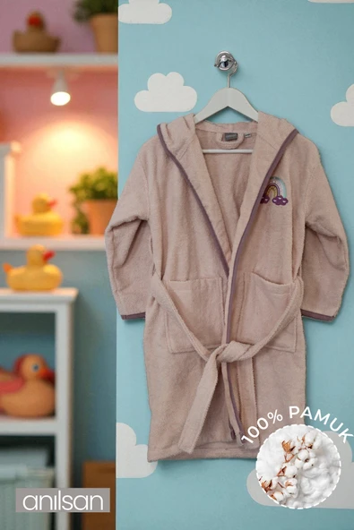 %100 Pamuklu Pudra Çocuk Bornozu - 2-4 Yaş - Yumuşak, Nefes Alabilir