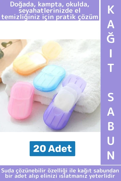 Seyahat Tipi Kamp Outdoor Okul Ofis Hafif Suda Kolay Çözünen Sabunluk Tasarımlı Kağıt Sabun 20 Adet