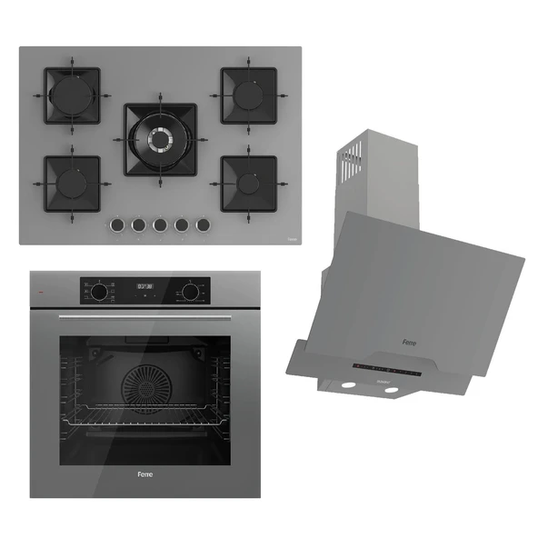 Ferre FLOWART-SILENTART Serisi Gri Set (SS038 + QBL63CPR +D065-SA ) - Emaye Izgara / 75 cm Ocak ürün görseli 1