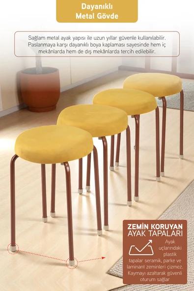 İronika Puffy Metal Gövdeli Lüx Minderli Modern Tabure Mutfak Bahçe Taburesi 4 Adet Kahverengi - 3
