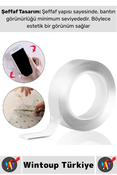 Ultra Güçlü Esnek Kesilebilir Kolay Kullanım Estetik Çift Taraflı Nano Şeffaf Bant 3 CmX2 Metre 3 Ad - Resim 4