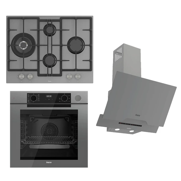 Ferre STEAMART-FRYART-SILENTART Serisi Gri Set (ED078 + QEP64CPR +D065-SA ) - Döküm Izgara / 67 cm Ocak