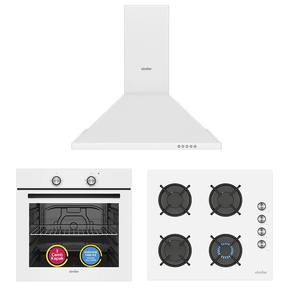 Simfer 4 Fonksiyon Trend Beyaz Cam 3'lü Ankastre Set (8253 Fırın - 3048 Ocak - 8714 Davlumbaz) ürün görseli