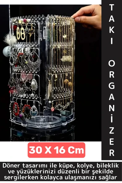 Dayanıklı Plastik Çok Şık Modern Pratik Düzenleyici Takı Küpe Kolye Yüzük 360° Döner Takı Organizeri