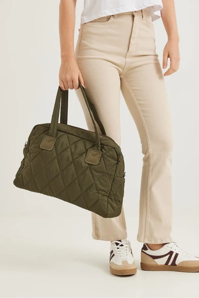 CALİENTE Kapitone Kumaş Cüzdanlı  El Ve Omuz Çantası Haki - Resim 3