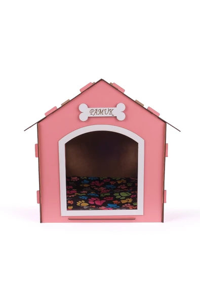 Ahşap Özel İsim Baskılı Dekoratif Köpek Evi-Kulübesi, Küçük Irk Köpekler İçin Kulübe, Köpek Kulübesi Pembe - 4