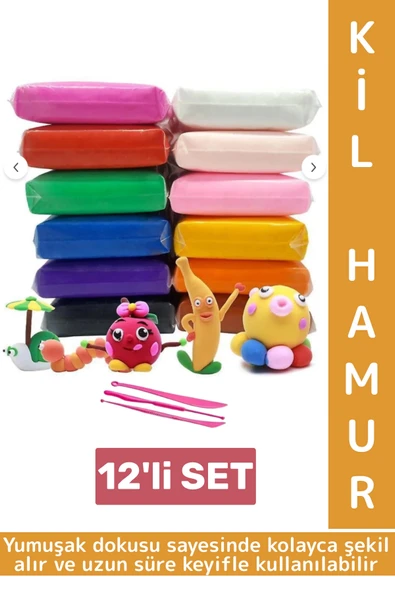 Eğlenceli Sağlığa Zararsız Hava İle Kuruyan Esnek Kolay Şekil Alır Çocuk Kil Oyun Hamuru 12'li ürün görseli
