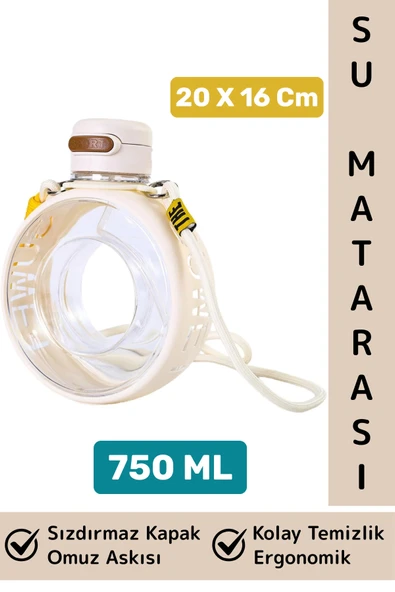 Premium Ergonomik Sızdırmaz Kapak Omuz Askılı Spor Okul Ofis Çok Şık Estetik Su Matarası 750 ML