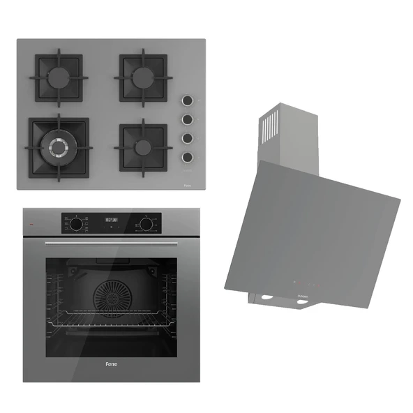 Ferre FLOWART-SILENTART Serisi Gri Set (SC408-WFA + QBL63CPR +D079-SA ) - Döküm Izgara / 65 cm Ocak ürün görseli 1